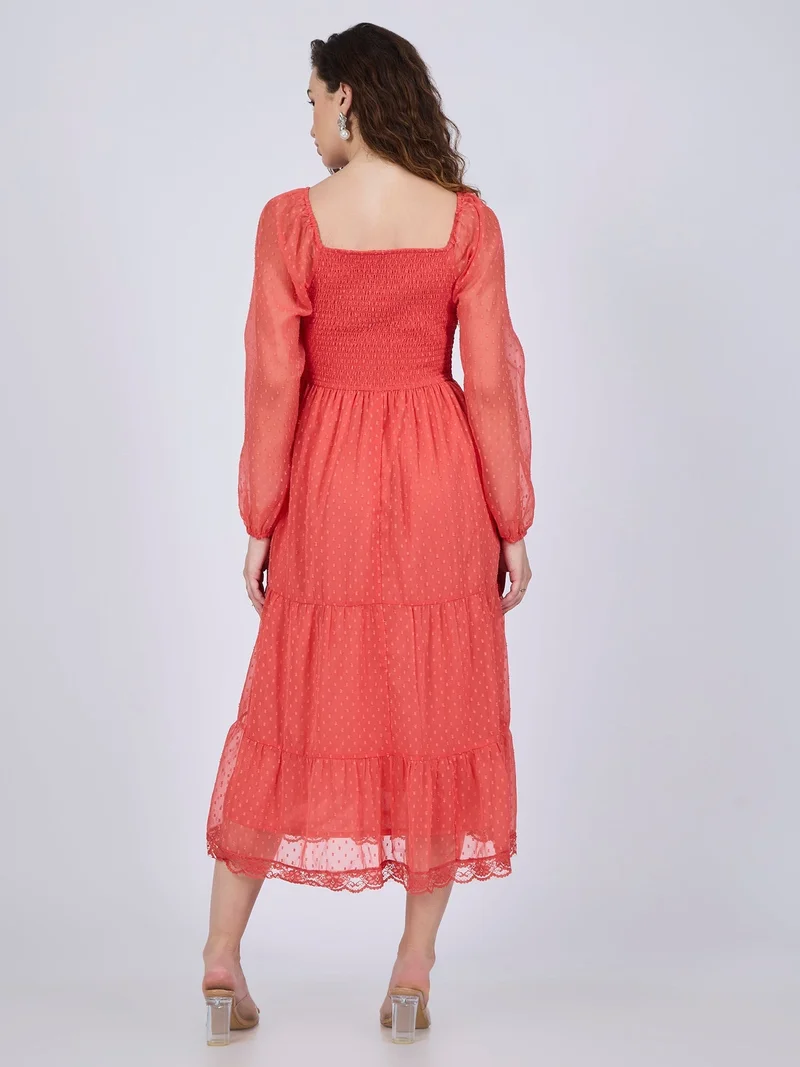Outzidr  Coral Tiered Midi Dress for Women | Best Price UAE